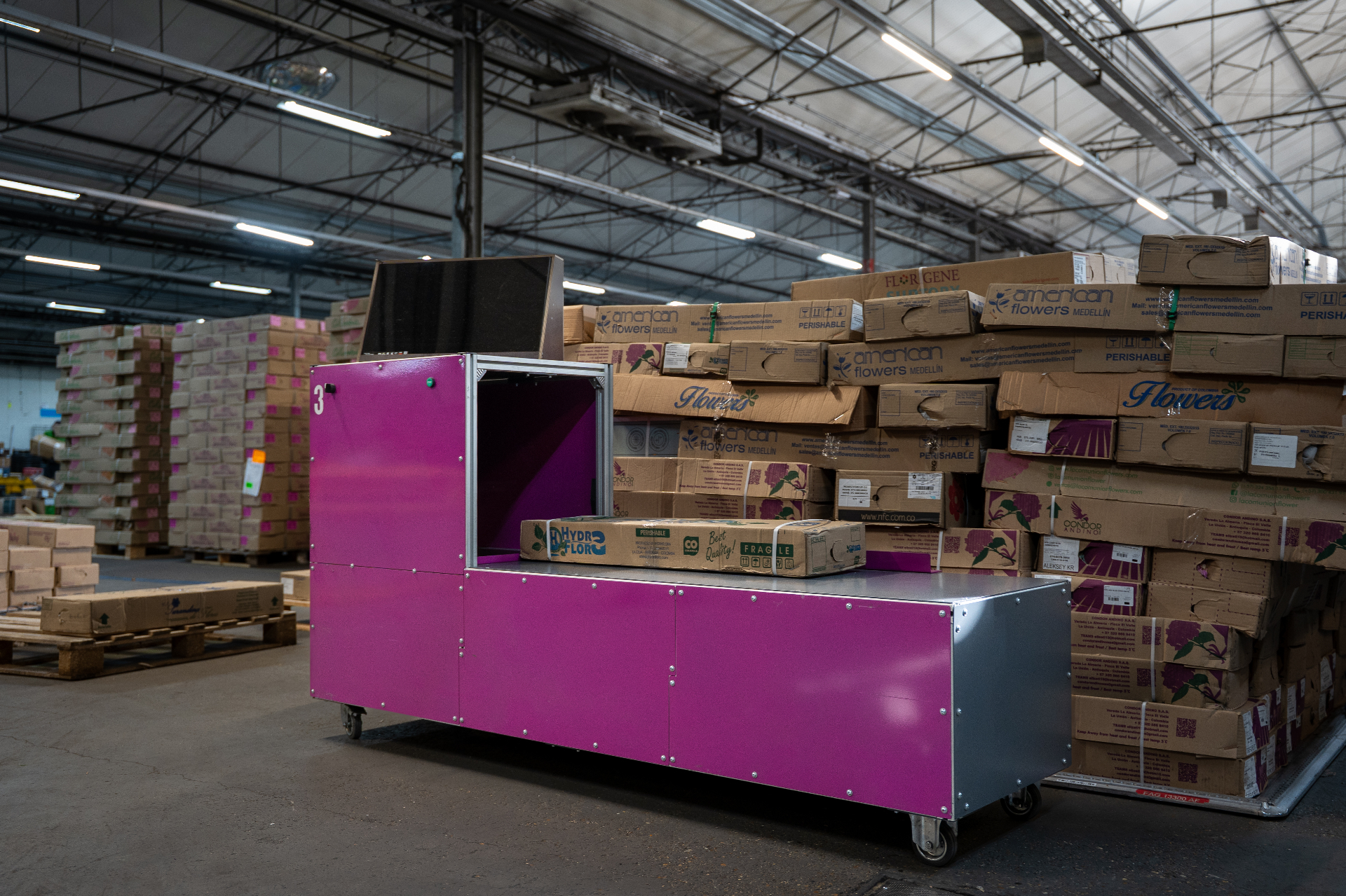 DUND portable box scanning table on wheels in a flower-cargo warehouse